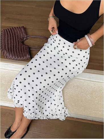 Makemechic Women's Polka Dots Midi Skirt Summer Mesh Mesh Pencil Jaints Long in Kuwait