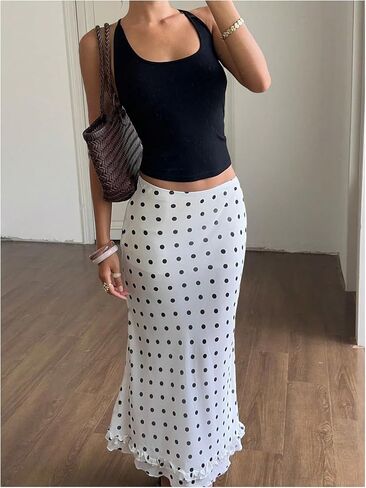 Makemechic Women's Polka Dots Midi Skirt Summer Mesh Mesh Pencil Jaints Long in Kuwait