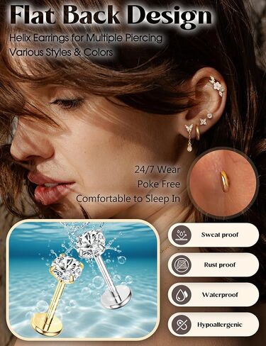 Florideco 20g 18G غير مربى في المقودات الخلفية المسطحة دفعات Hypoallergenic في أقراط مسمار 14K الذهب مطلي 316L Surgical Stud Stud Hoop مجموعات الغضروف in Saudi Arabia