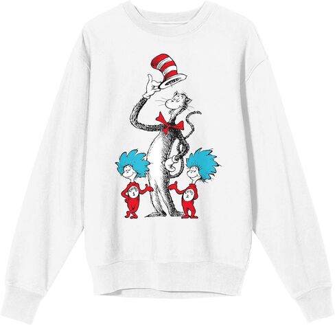 Bioworld The Cat In The Hat With Thing 1 and Thing 2 Adult White Crew Neck Sweatshirt in Saudi Arabia