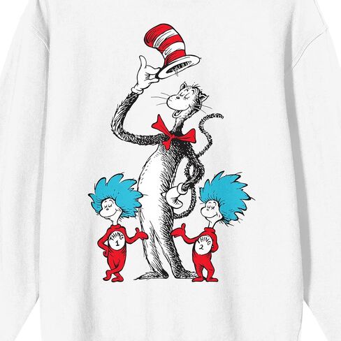 Bioworld The Cat In The Hat With Thing 1 and Thing 2 Adult White Crew Neck Sweatshirt in Saudi Arabia
