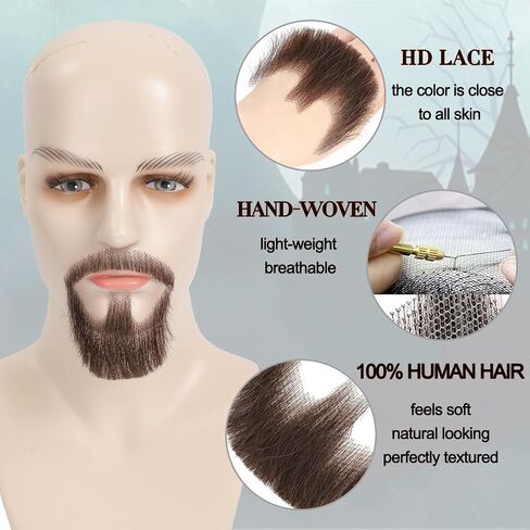 لحية مزيفة لحية واقعية 100% شعر بشري مزيف لحية وجه واقعية مربوطة يدويًا بالكامل شعر وجه للرجال، دانتيل للبالغين، شارب مزيف غير مرئي لمكياج فيلم الهالوين الدرامي (أسود) in Saudi Arabia
