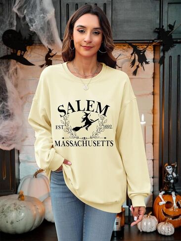 Ounar Halloween Sweatshirts النساء الضخمات سالم ماساتشوستس القمصان خفيفة الوزن الساحرة قميص سالم 1692 قميص عطلة الخريف in Kuwait