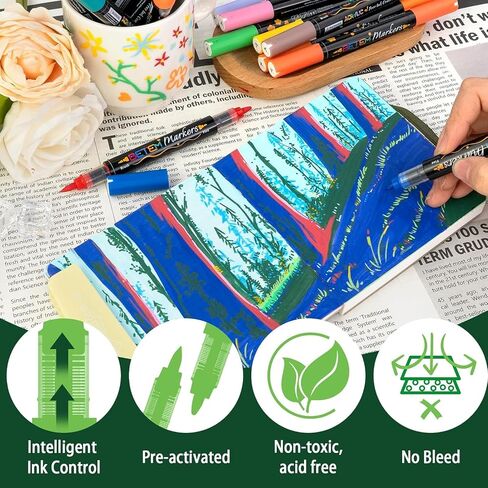 Betem Acrylic Paint Markers Paint Pens, 24 Count Water-Based Free-Ink System Colored Pens, Brush Tip Permanent Paint Pen, Uniform and Silky Ink Output, Vibrant Colors for DIY Crafts Art Supplies in Saudi Arabia
