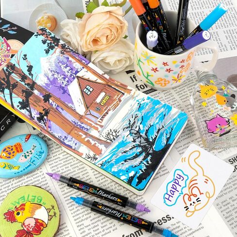 Betem Acrylic Paint Markers Paint Pens, 24 Count Water-Based Free-Ink System Colored Pens, Brush Tip Permanent Paint Pen, Uniform and Silky Ink Output, Vibrant Colors for DIY Crafts Art Supplies in Saudi Arabia