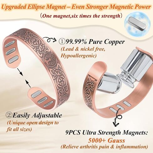Copper Magnetic Bracelet for Men, with Powerful 9X 5000 Gauss Magnets, Adjustable Solid Pure Copper in Kuwait