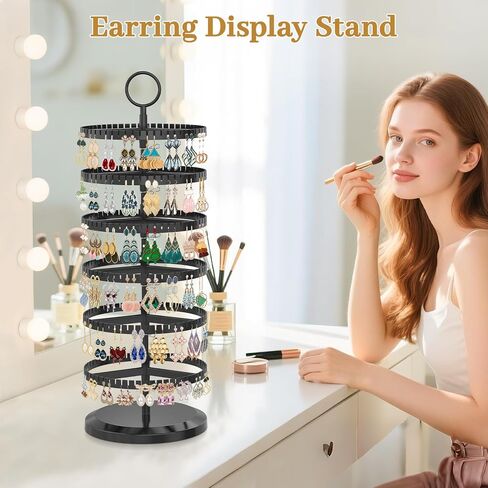 MODOWEY 6 Tier Rotating Earring Holder Organizer, Adjustable Metal and Plastic Stand Tree with 342 Groove for Stud Hoop Pierced Dangle Display, Decluttered, Space-Saving Storage Rack for Women, Black in Saudi Arabia