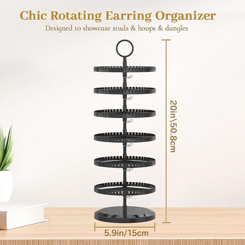 MODOWEY 6 Tier Rotating Earring Holder Organizer, Adjustable Metal and Plastic Stand Tree with 342 Groove for Stud Hoop Pierced Dangle Display, Decluttered, Space-Saving Storage Rack for Women, Black in Saudi Arabia
