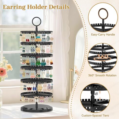 MODOWEY 6 Tier Rotating Earring Holder Organizer, Adjustable Metal and Plastic Stand Tree with 342 Groove for Stud Hoop Pierced Dangle Display, Decluttered, Space-Saving Storage Rack for Women, Black in Saudi Arabia