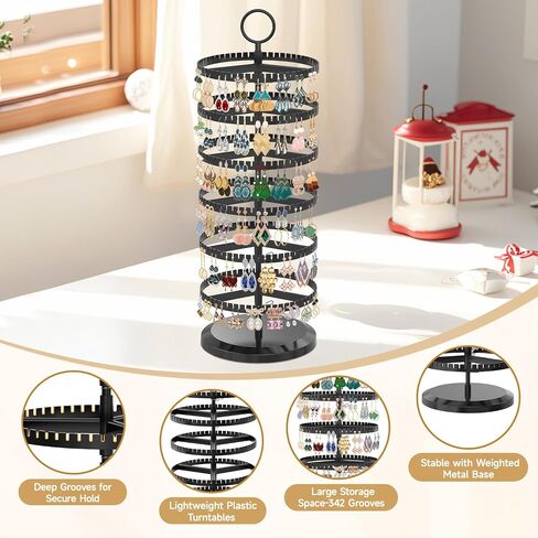 MODOWEY 6 Tier Rotating Earring Holder Organizer, Adjustable Metal and Plastic Stand Tree with 342 Groove for Stud Hoop Pierced Dangle Display, Decluttered, Space-Saving Storage Rack for Women, Black in Saudi Arabia