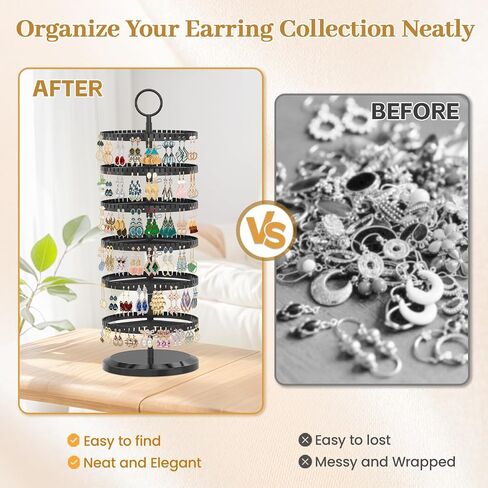 MODOWEY 6 Tier Rotating Earring Holder Organizer, Adjustable Metal and Plastic Stand Tree with 342 Groove for Stud Hoop Pierced Dangle Display, Decluttered, Space-Saving Storage Rack for Women, Black in Saudi Arabia