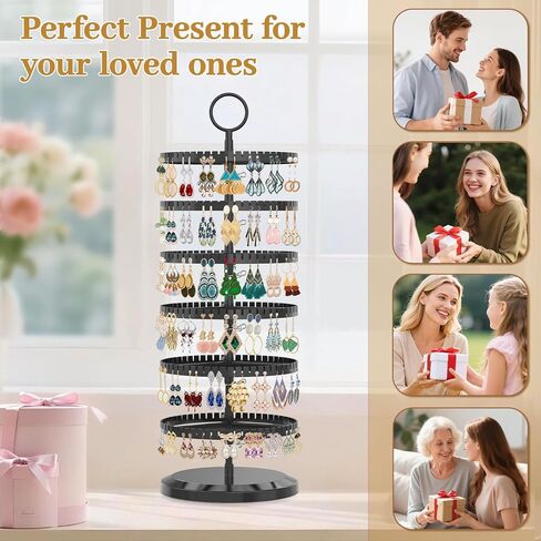 MODOWEY 6 Tier Rotating Earring Holder Organizer, Adjustable Metal and Plastic Stand Tree with 342 Groove for Stud Hoop Pierced Dangle Display, Decluttered, Space-Saving Storage Rack for Women, Black in Saudi Arabia