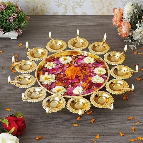 Diya Shape Decorative Urli Bowl with 13 Diwali Diyas Home Décor for Pooja, Wedding, and Tea Light Candles,Office Decor | Decoration Items (14 Inches), Gold in Saudi Arabia
