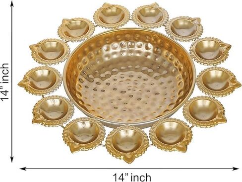 Diya Shape Decorative Urli Bowl with 13 Diwali Diyas Home Décor for Pooja, Wedding, and Tea Light Candles,Office Decor | Decoration Items (14 Inches), Gold in Saudi Arabia