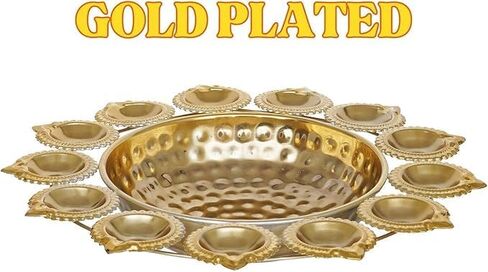Diya Shape Decorative Urli Bowl with 13 Diwali Diyas Home Décor for Pooja, Wedding, and Tea Light Candles,Office Decor | Decoration Items (14 Inches), Gold in Saudi Arabia