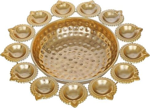 Diya Shape Decorative Urli Bowl with 13 Diwali Diyas Home Décor for Pooja, Wedding, and Tea Light Candles,Office Decor | Decoration Items (14 Inches), Gold in Saudi Arabia