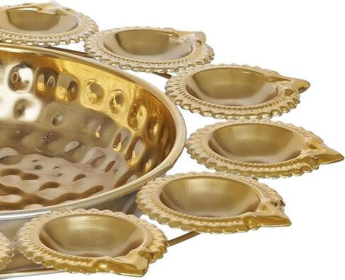 Diya Shape Decorative Urli Bowl with 13 Diwali Diyas Home Décor for Pooja, Wedding, and Tea Light Candles,Office Decor | Decoration Items (14 Inches), Gold in Saudi Arabia