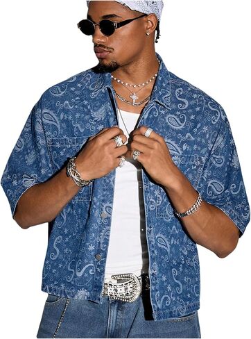 GORGLITTER Men's Jean Jacket Western Paisley Print Denim Shirt Button Up Half Sleeve Pocket Patched Shirts in Saudi Arabia