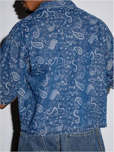 GORGLITTER Men's Jean Jacket Western Paisley Print Denim Shirt Button Up Half Sleeve Pocket Patched Shirts in Saudi Arabia