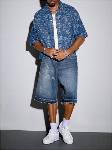 GORGLITTER Men's Jean Jacket Western Paisley Print Denim Shirt Button Up Half Sleeve Pocket Patched Shirts in Saudi Arabia