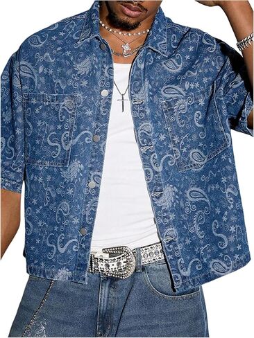 Gorglitter Men's Jean Jan Western Paisley Print Denim Shirt Button Up Half Sleeve Pocket Terts in Saudi Arabia