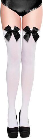 Women’s Satin Red Bow Thigh High Stockings White Silk Over Knee Long Socks for Costume in Saudi Arabia