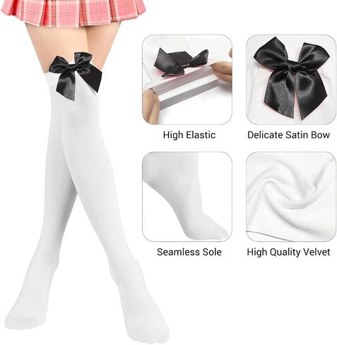 Women’s Satin Red Bow Thigh High Stockings White Silk Over Knee Long Socks for Costume in Saudi Arabia