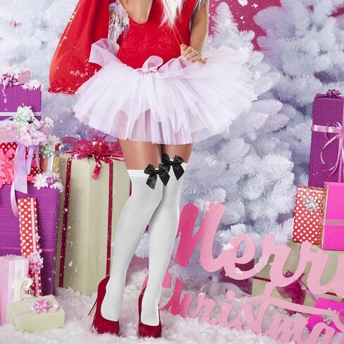 Women’s Satin Red Bow Thigh High Stockings White Silk Over Knee Long Socks for Costume in Saudi Arabia