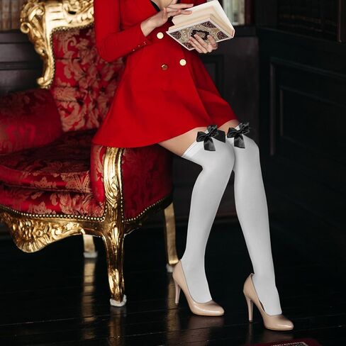 Women’s Satin Red Bow Thigh High Stockings White Silk Over Knee Long Socks for Costume in Saudi Arabia