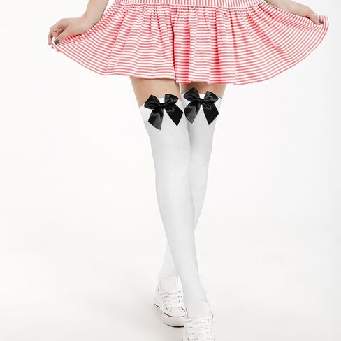 Women’s Satin Red Bow Thigh High Stockings White Silk Over Knee Long Socks for Costume in Saudi Arabia