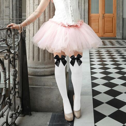 Women’s Satin Red Bow Thigh High Stockings White Silk Over Knee Long Socks for Costume in Saudi Arabia