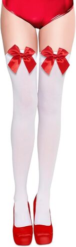 Women’s Satin Red Bow Thigh High Stockings White Silk Over Knee Long Socks for Costume in Saudi Arabia