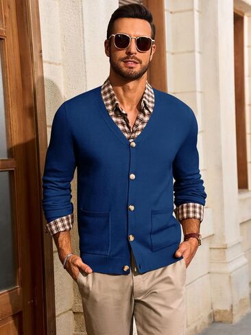 RunCati Mens Cardigan Sweater V زر العنق أسفل سفن الصوفية الطويلة الأكمام الخفيفة الوزن المتماسكة مع جيوب in Saudi Arabia