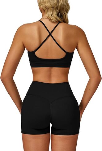 Women 2 Piece Workout Set Spaghetti Straps Cross Back Sports Bra V High Waist Biker Shorts Gym Outfit with Pocket in Kuwait