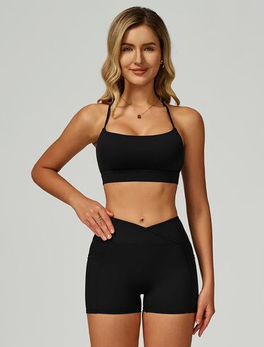 Women 2 Piece Workout Set Spaghetti Straps Cross Back Sports Bra V High Waist Biker Shorts Gym Outfit with Pocket in Kuwait