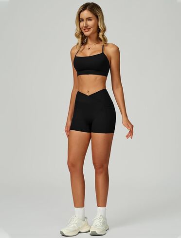 Women 2 Piece Workout Set Spaghetti Straps Cross Back Sports Bra V High Waist Biker Shorts Gym Outfit with Pocket in Kuwait