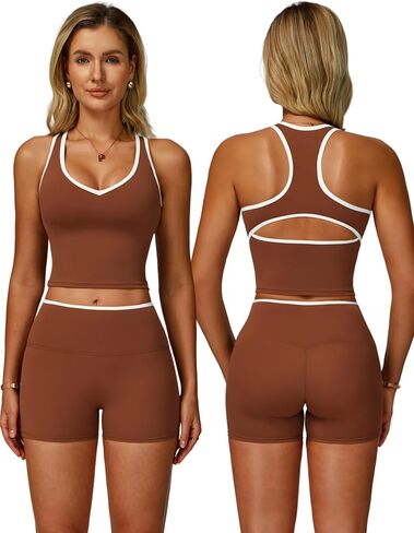 Women Two Piece Workout Sets Color Block Backless Tank Top and High Waist Booty Lifting Shorts Gym Yoga Active Outfits in Saudi Arabia
