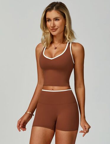 Women Two Piece Workout Sets Color Block Backless Tank Top and High Waist Booty Lifting Shorts Gym Yoga Active Outfits in Saudi Arabia