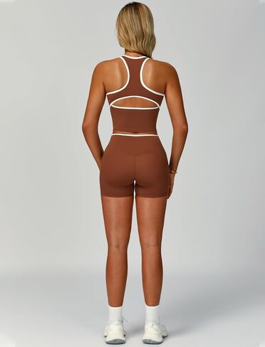 Women Two Piece Workout Sets Color Block Backless Tank Top and High Waist Booty Lifting Shorts Gym Yoga Active Outfits in Saudi Arabia