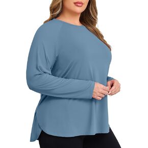 COOTRY Plus Size Workout Tops for Women Long Sleeve Athletic Shirts Breathable Running Yoga Gym Clothes with Side Slits in Kuwait