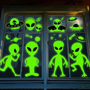 Whaline 6 Sheets Alien Window Clings Large Size Green Alien Window Stickers Flying Saucer UFO Theme Window Decals Double-Sided Removable for Halloween Decor Alien Party Supplies in Kuwait