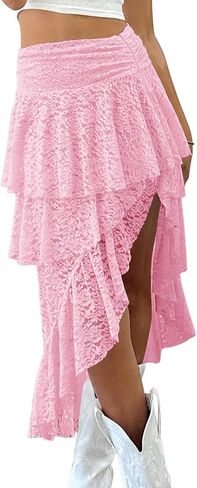 Yousify Womens Lace Midi Skirts High Waist Y2K Asymmetrical Layered Flowy Fairy Skirts Floral Beach Long Skirt in Saudi Arabia