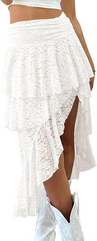 Yousify Womens Lace Midi تنانير عالية الخصر Y2K غير متناظرة الطبقات الجنية المتدفق التنانير الزهرية شاطئ تنورة طويلة in Kuwait