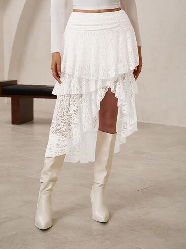 Yousify Womens Lace Midi تنانير عالية الخصر Y2K غير متناظرة الطبقات الجنية المتدفق التنانير الزهرية شاطئ تنورة طويلة in Kuwait