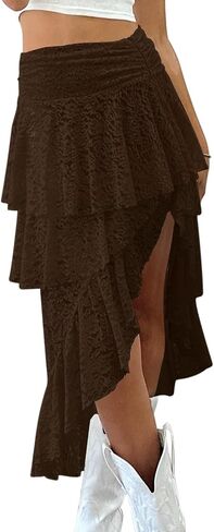 Yousify Womens Lace Midi تنانير عالية الخصر Y2K غير متناظرة الطبقات الجنية المتدفق التنانير الزهرية شاطئ تنورة طويلة in Kuwait