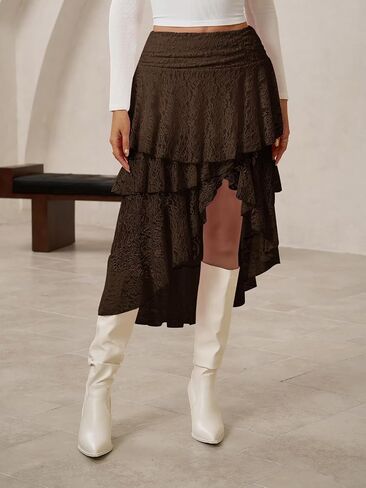 Yousify Womens Lace Midi تنانير عالية الخصر Y2K غير متناظرة الطبقات الجنية المتدفق التنانير الزهرية شاطئ تنورة طويلة in Kuwait