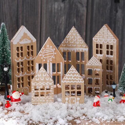 7 Pcs Wooden Christmas Houses Sets Gingerbread House Decor Xmas Village Set Winter Desk Shelf Ornament for Home Office Coffee Bar Mantel Tabletop(Gingerbread Colors) in Saudi Arabia