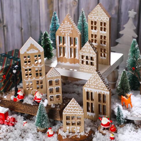7 Pcs Wooden Christmas Houses Sets Gingerbread House Decor Xmas Village Set Winter Desk Shelf Ornament for Home Office Coffee Bar Mantel Tabletop(Gingerbread Colors) in Saudi Arabia