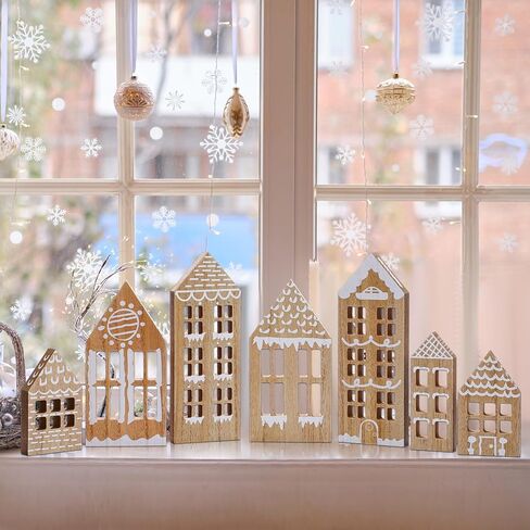7 Pcs Wooden Christmas Houses Sets Gingerbread House Decor Xmas Village Set Winter Desk Shelf Ornament for Home Office Coffee Bar Mantel Tabletop(Gingerbread Colors) in Saudi Arabia