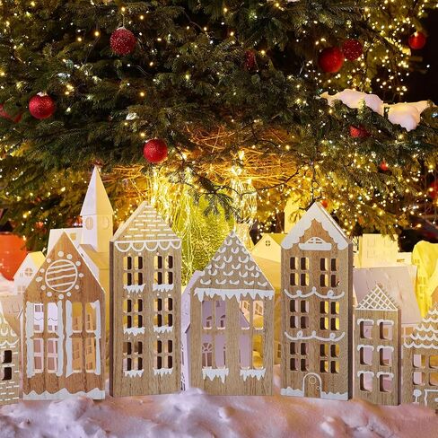7 Pcs Wooden Christmas Houses Sets Gingerbread House Decor Xmas Village Set Winter Desk Shelf Ornament for Home Office Coffee Bar Mantel Tabletop(Gingerbread Colors) in Saudi Arabia